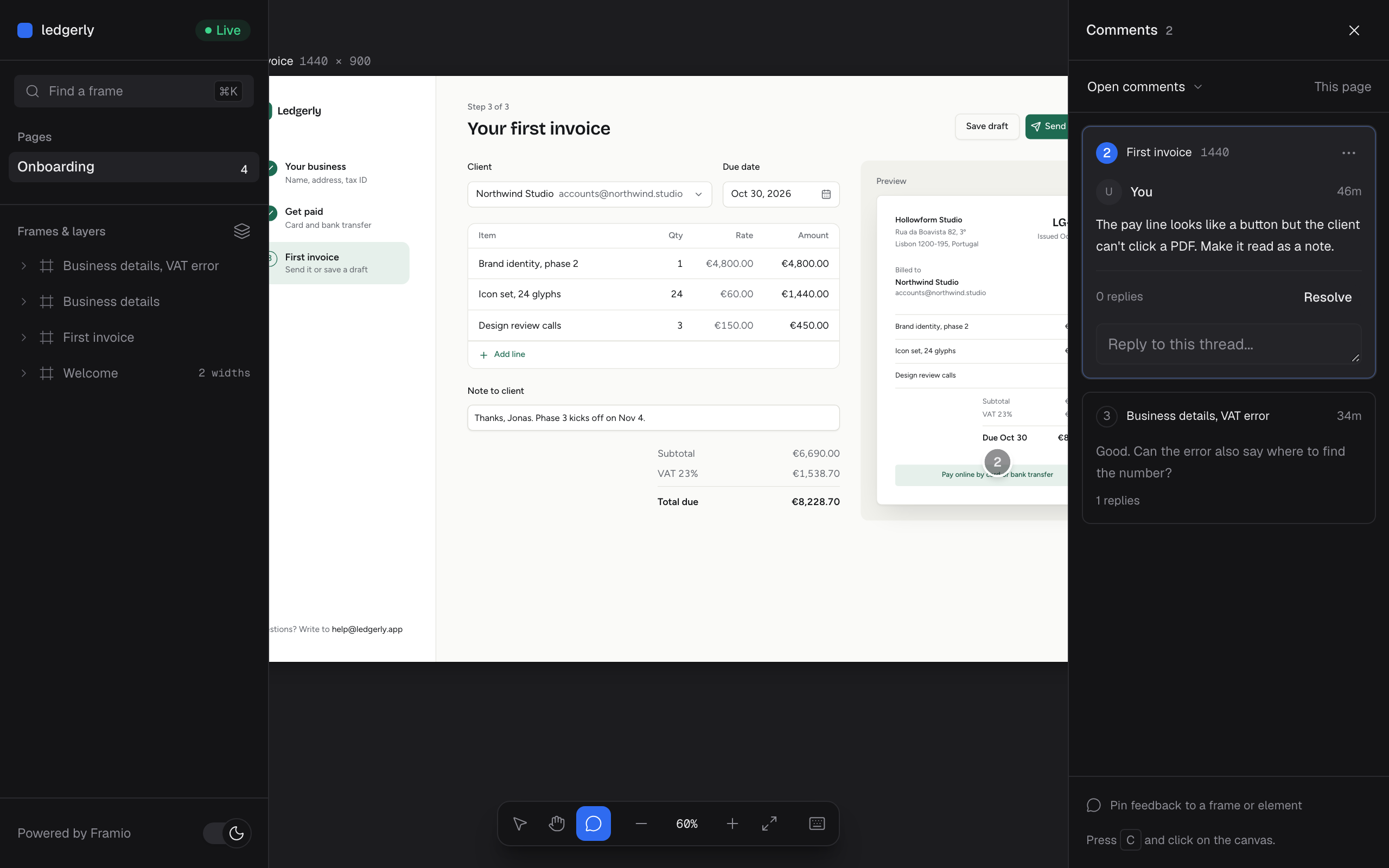 Framio Studio showing a React invoice design, named layers, and a pinned comment thread