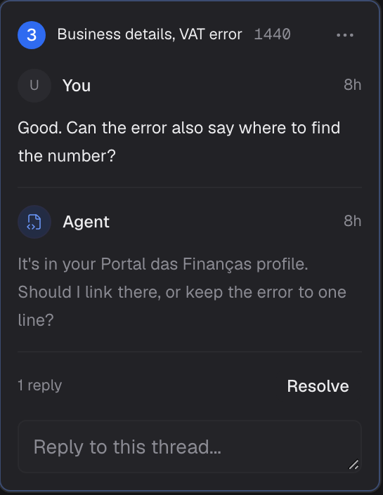 Comment thread 3 with the agent's reply